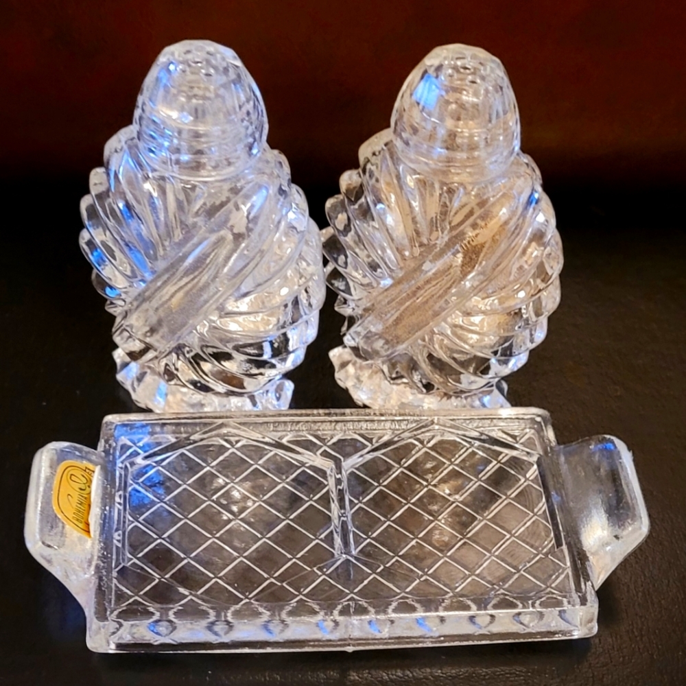 Bohemian crystal salt and pepper shakers with tray